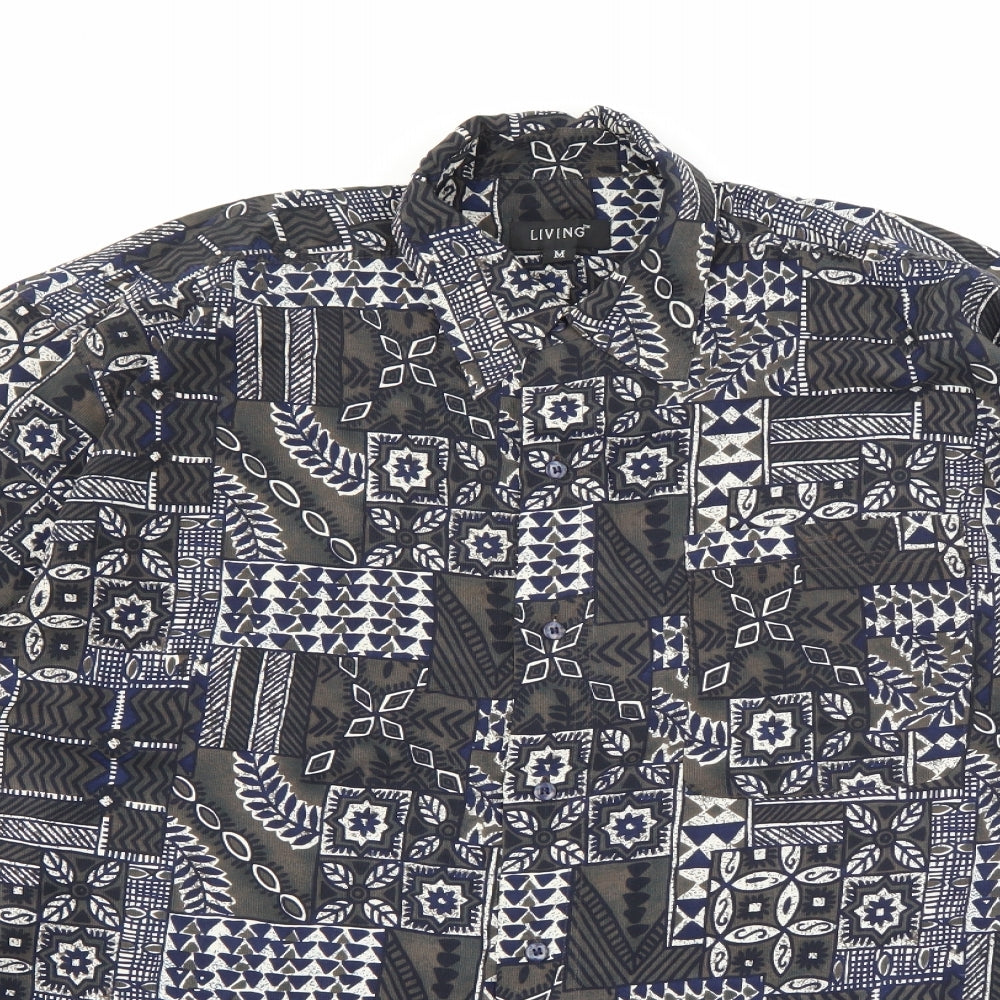 Living Mens Green Floral Polyester  Button-Up Size M Collared Button