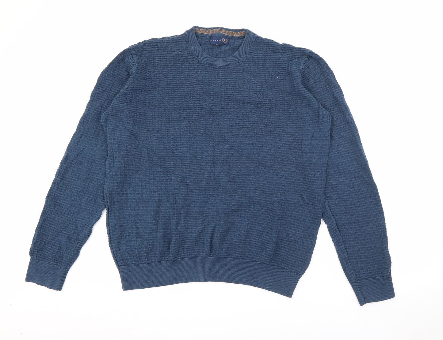 Lincoln Mens Blue Crew Neck  Cotton Pullover Jumper Size XL