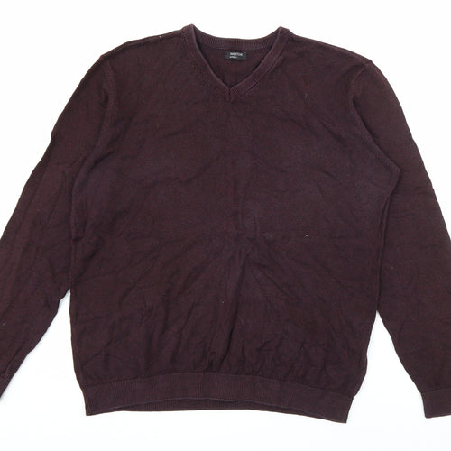 M&Co Mens Red V-Neck  Cotton Pullover Jumper Size L