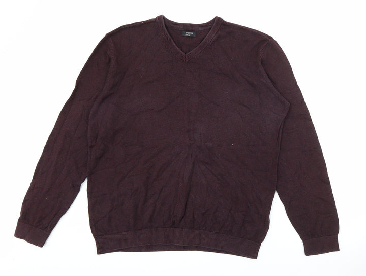 M&Co Mens Red V-Neck  Cotton Pullover Jumper Size L