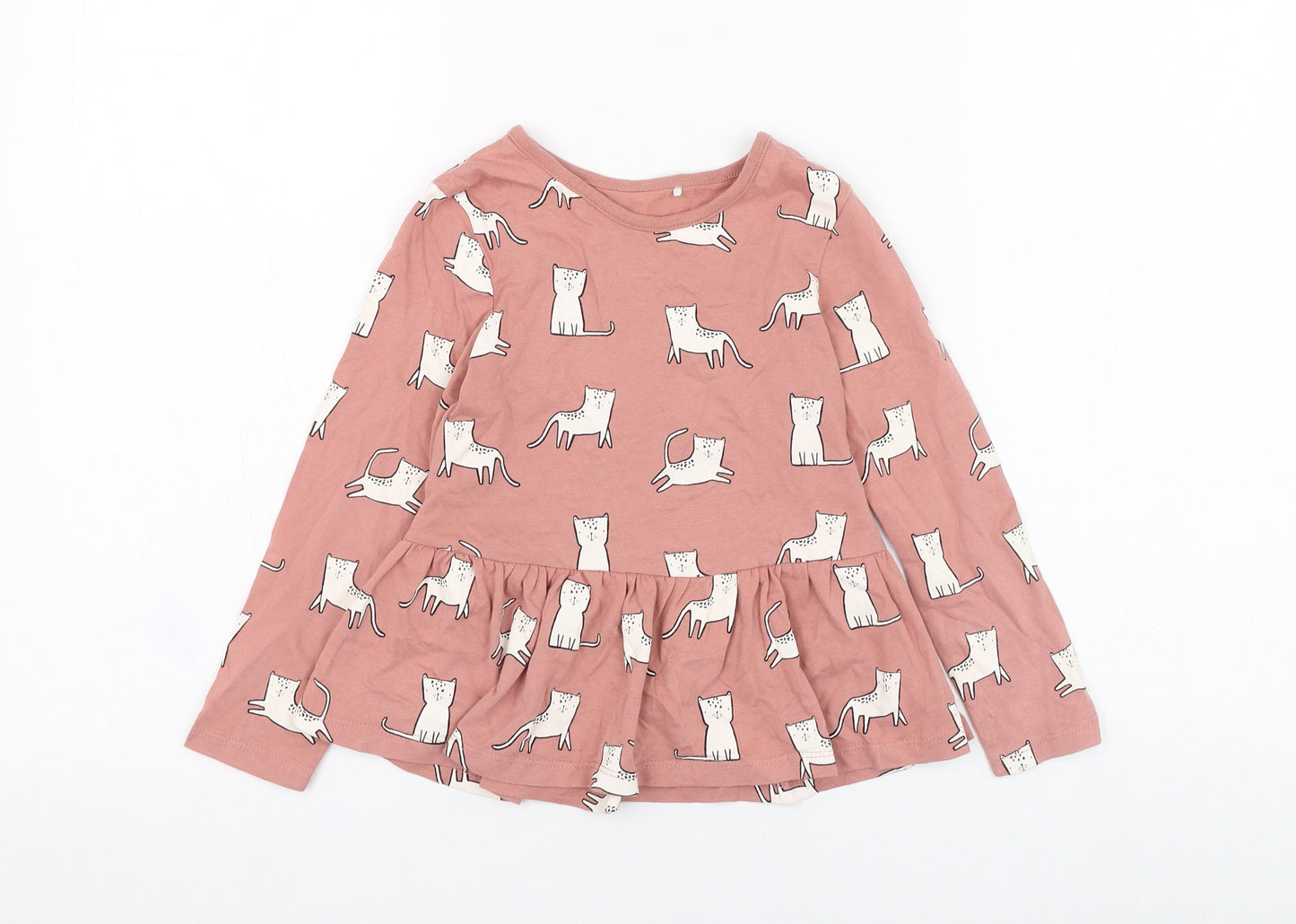 George Girls Pink  Cotton Basic T-Shirt Size 4-5 Years Round Neck Pullover - Cat