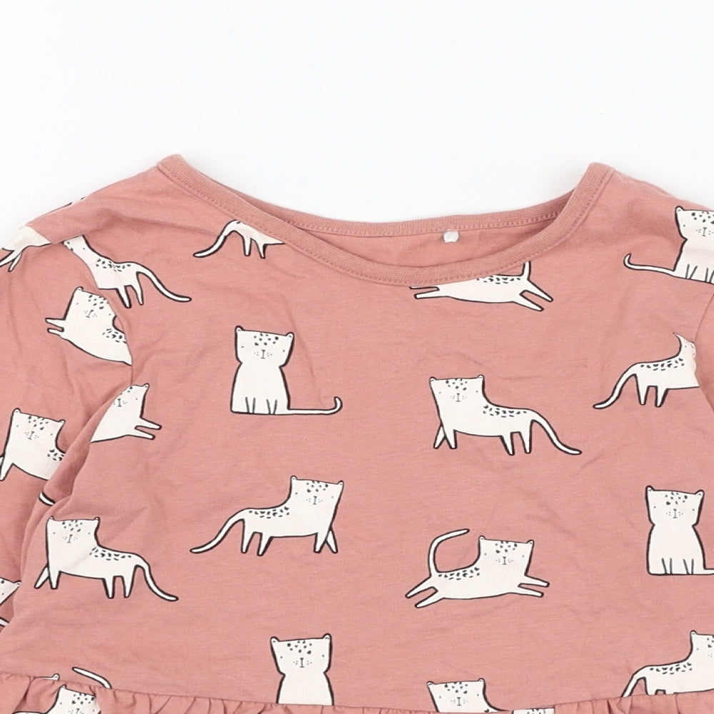 George Girls Pink  Cotton Basic T-Shirt Size 4-5 Years Round Neck Pullover - Cat