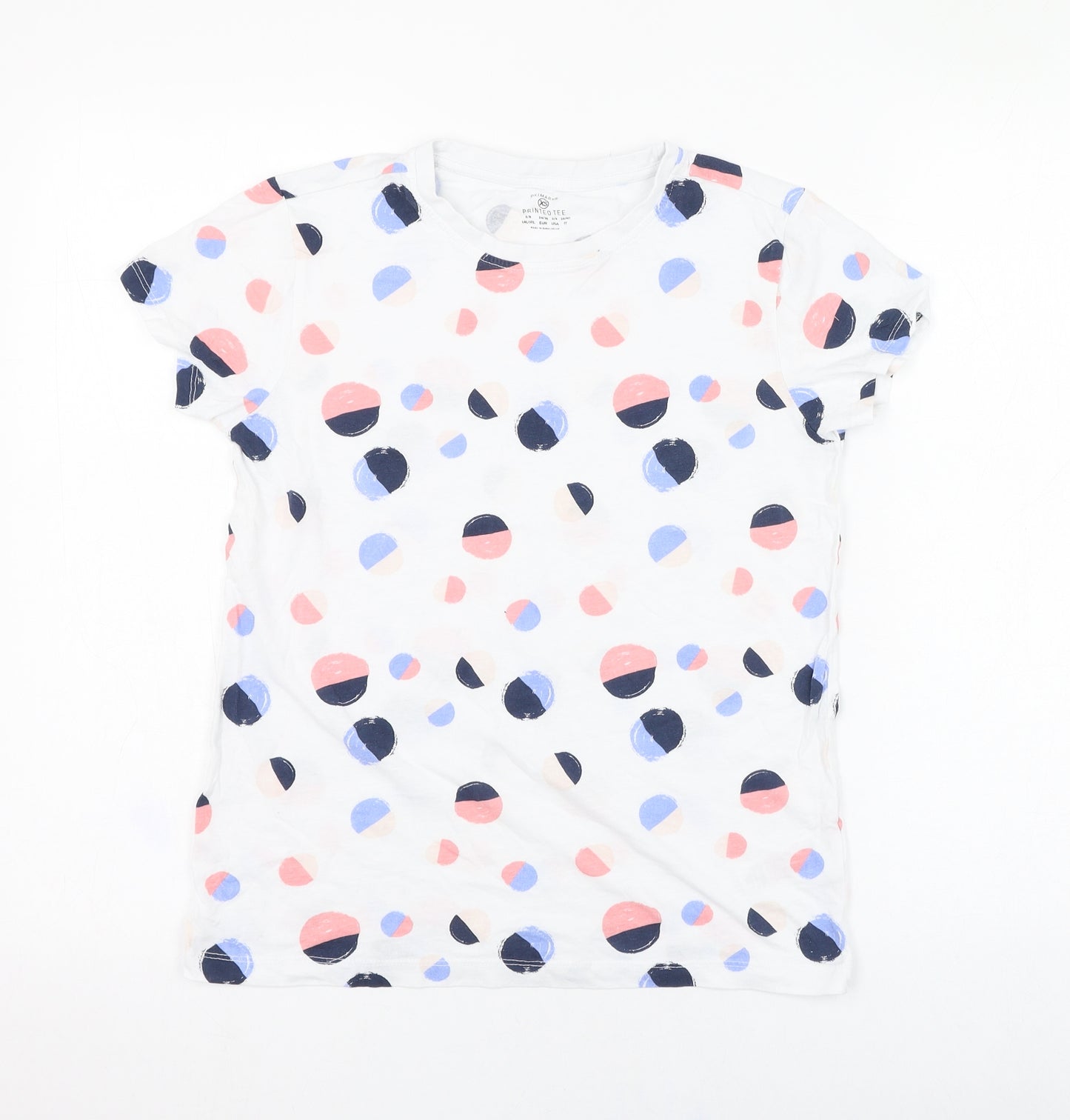 Primark Womens White Polka Dot Cotton Basic T-Shirt Size 6 Round Neck