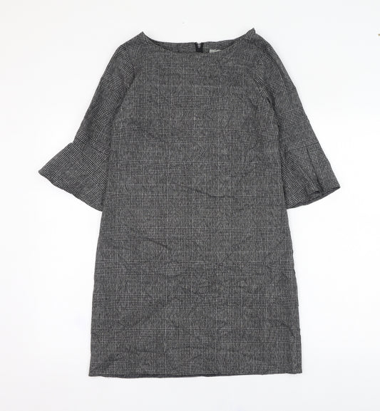 Front view of Dorothy Perkins women’s grey check polyester a-line, size UK 8, round neck zip
