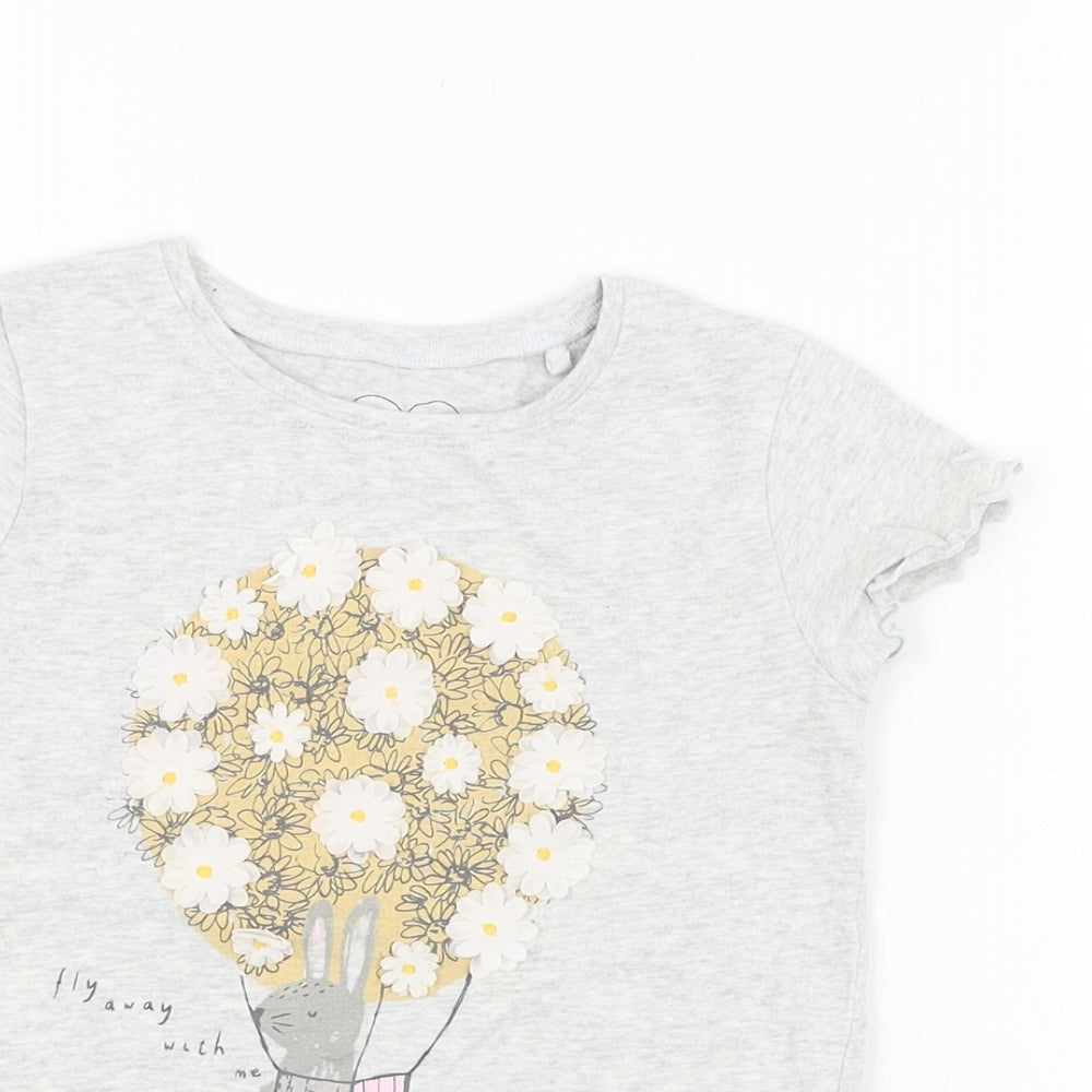 NEXT Girls Grey  Cotton Basic T-Shirt Size 3-4 Years Round Neck Pullover - Rabbit, Hot air balloon