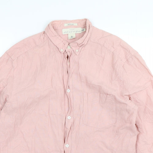 H&M Mens Pink  Cotton  Button-Up Size L Collared Button
