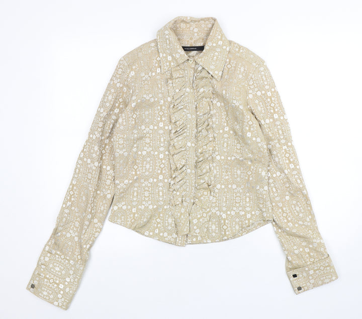 Full Circle Womens Gold Paisley Cotton Basic Button-Up Size M Collared