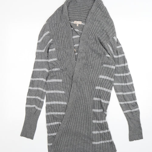 Soon Womens Grey V-Neck Striped Polyester Cardigan Jumper Size 12