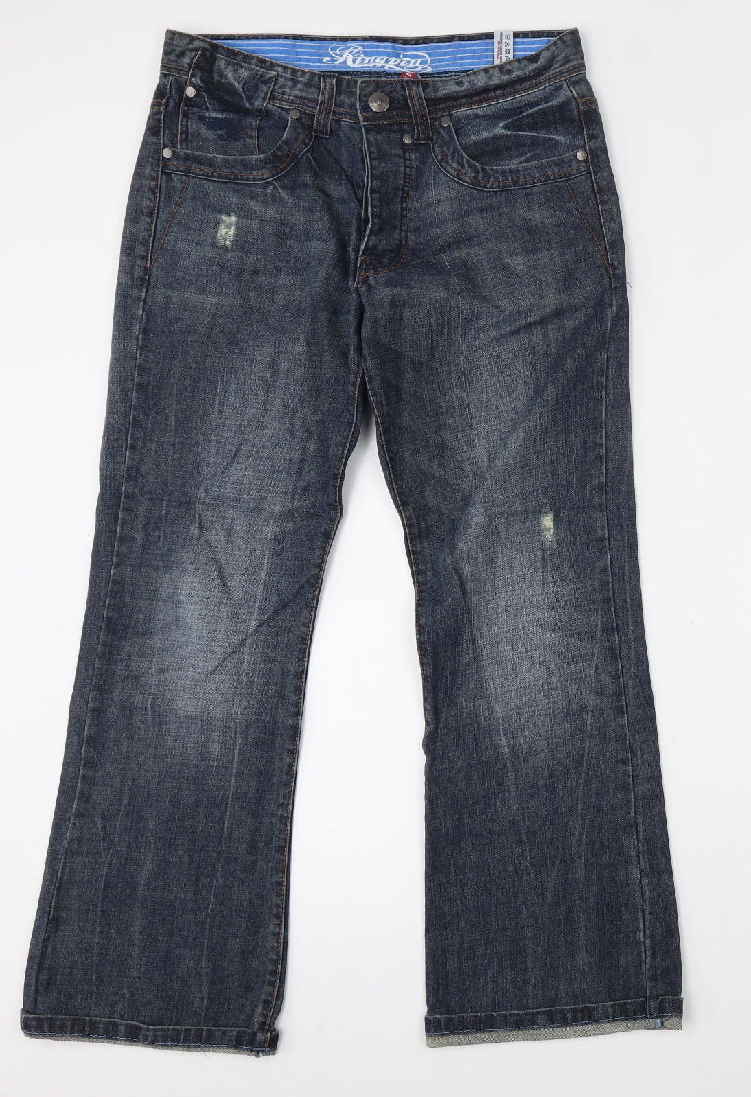 Kingpin Mens Blue  Cotton Bootcut Jeans Size 32 L30 in Regular Button