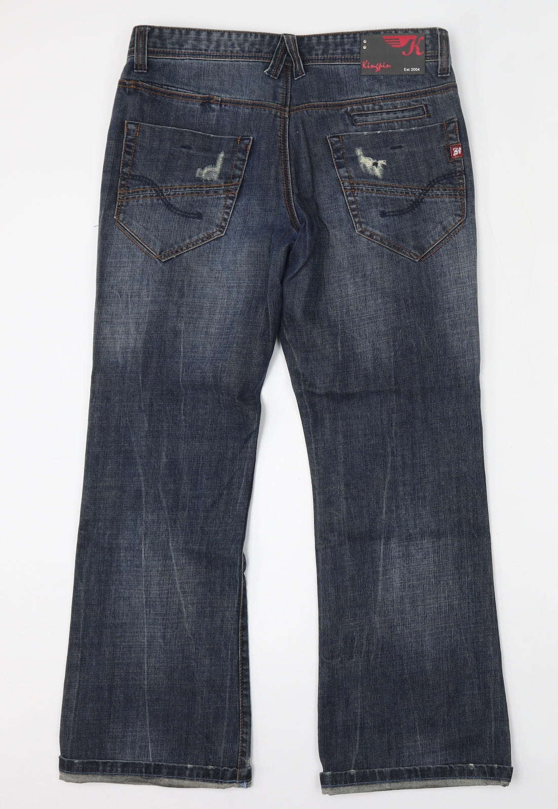 Kingpin Mens Blue  Cotton Bootcut Jeans Size 32 L30 in Regular Button