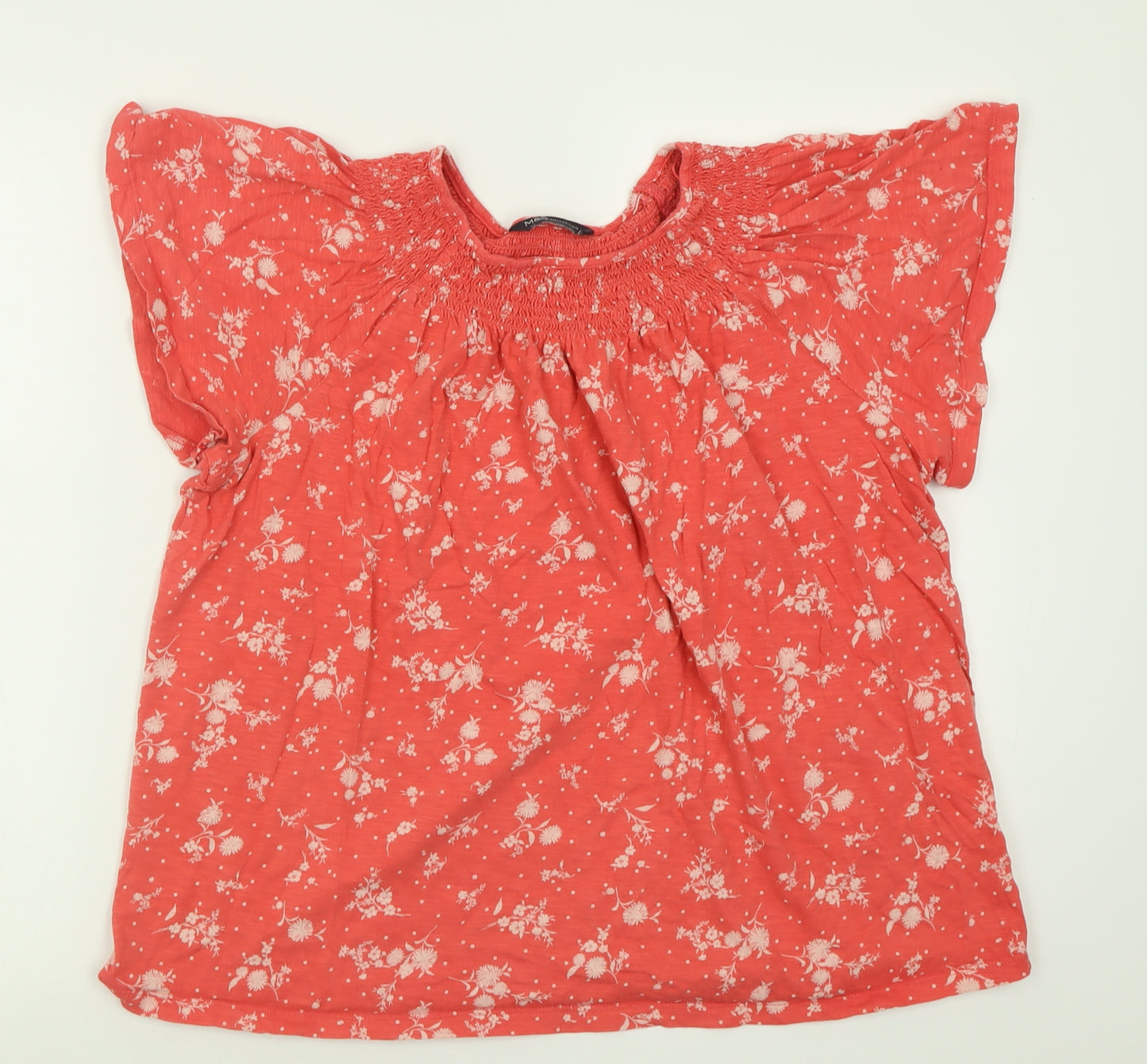 Marks and Spencer Womens Red Floral Cotton Basic T-Shirt Size 14 Crew Neck