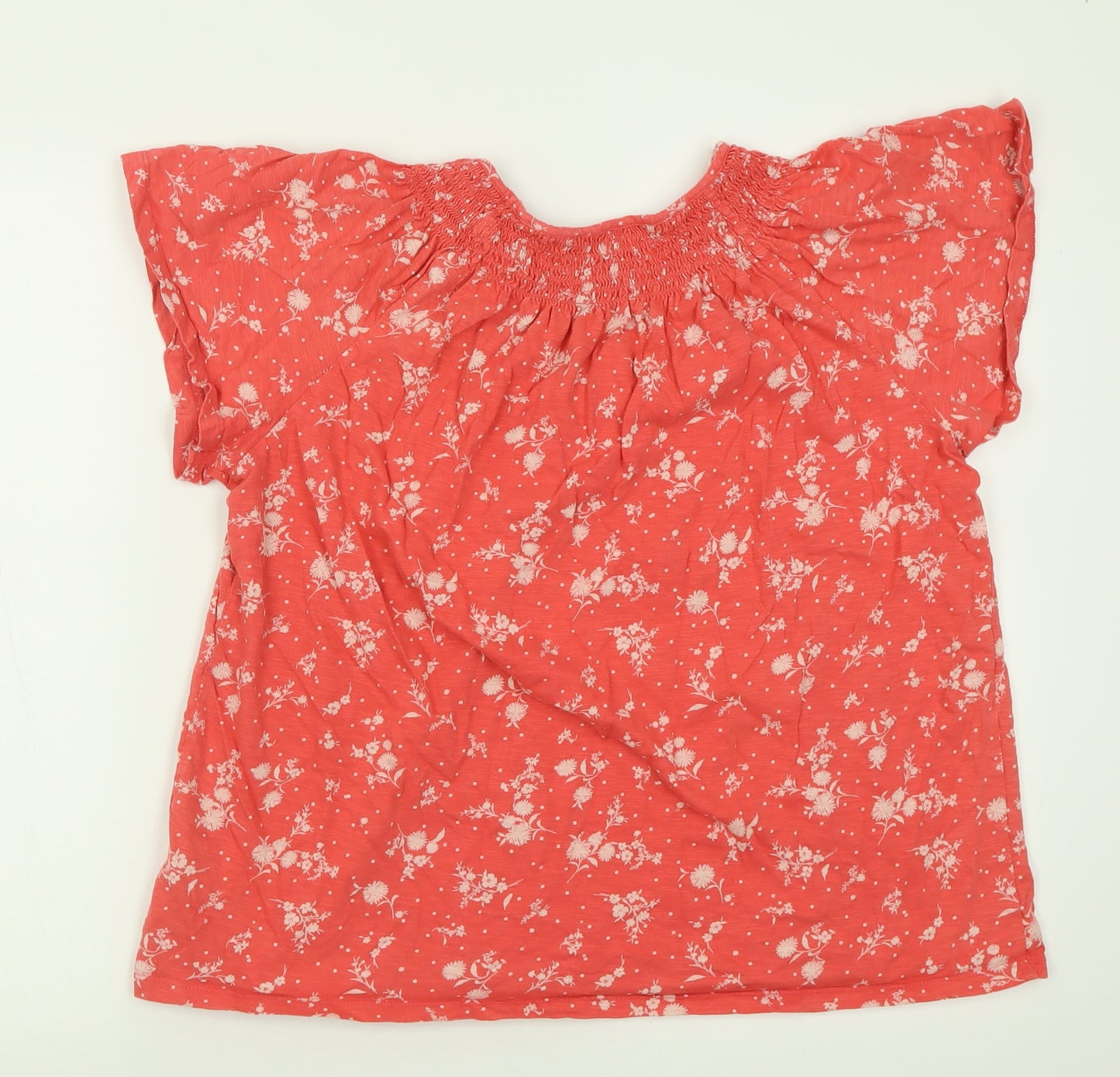 Marks and Spencer Womens Red Floral Cotton Basic T-Shirt Size 14 Crew Neck