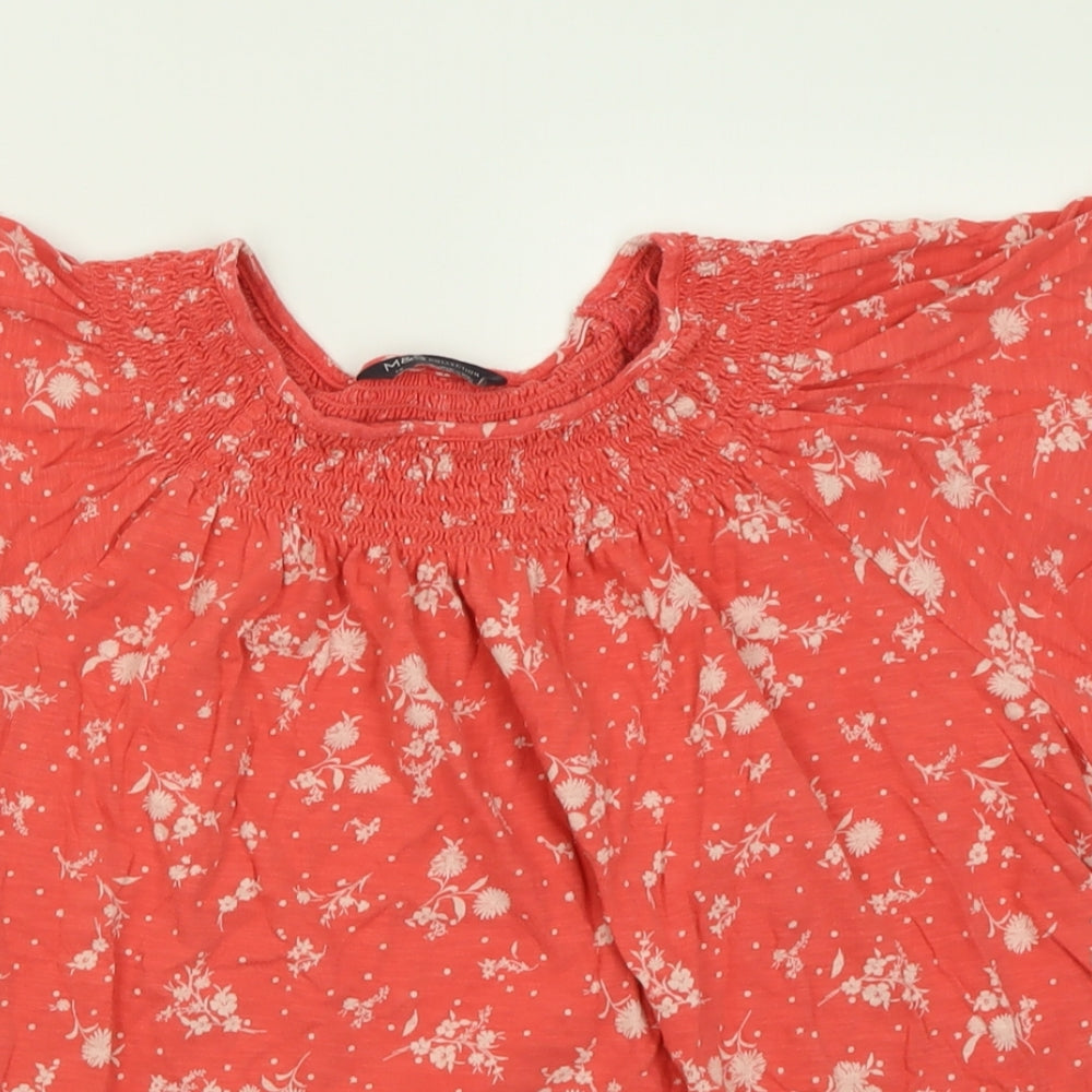 Marks and Spencer Womens Red Floral Cotton Basic T-Shirt Size 14 Crew Neck
