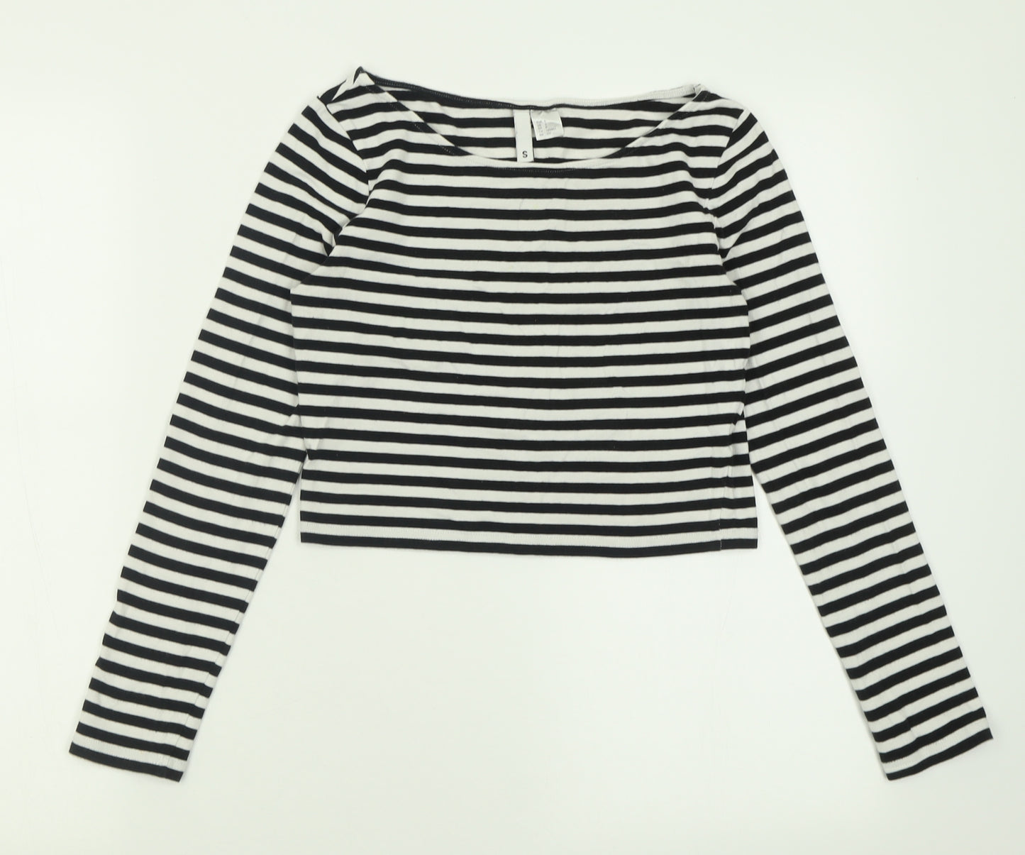H&M Womens White Striped Cotton Cropped T-Shirt Size S Boat Neck
