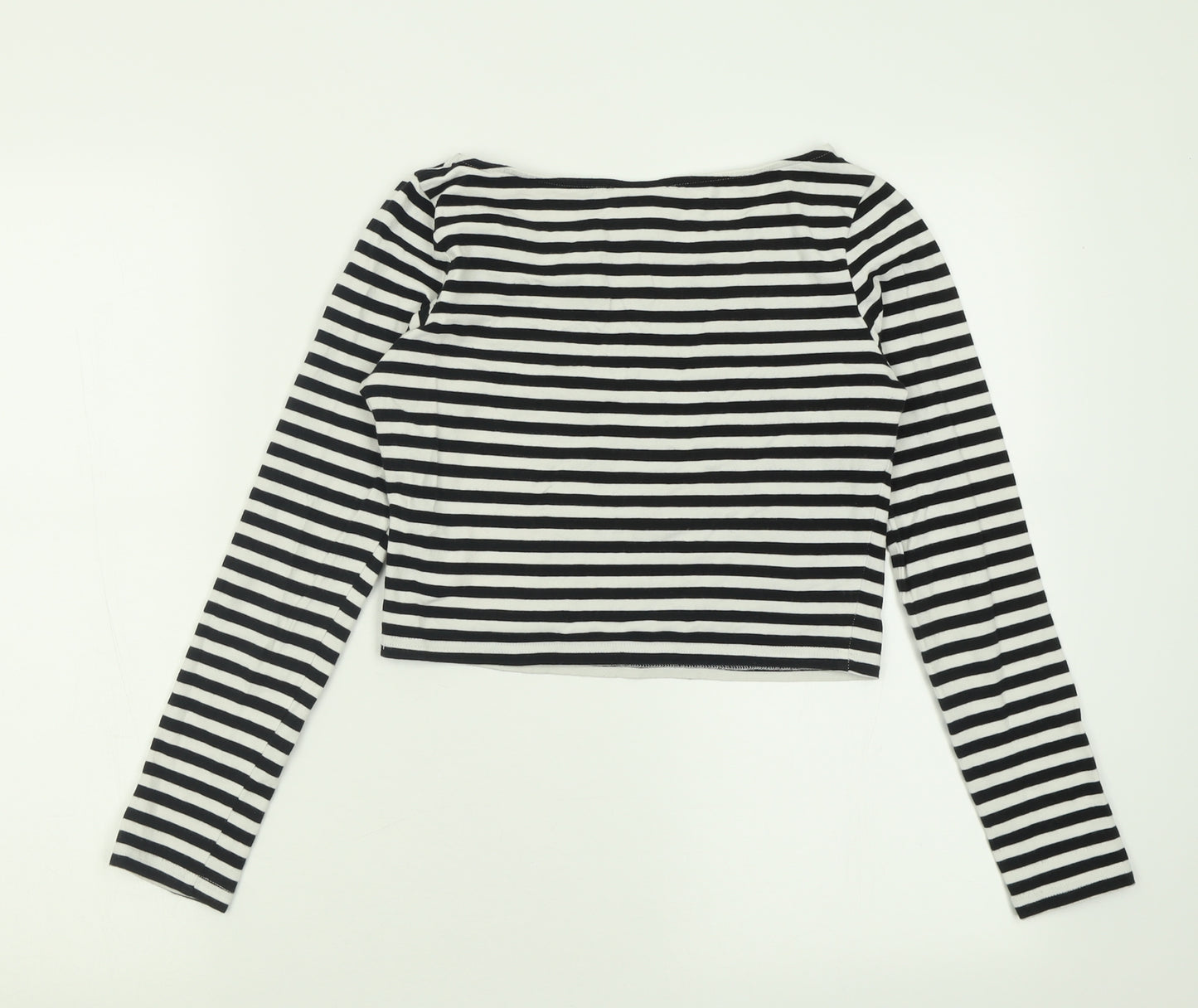 H&M Womens White Striped Cotton Cropped T-Shirt Size S Boat Neck