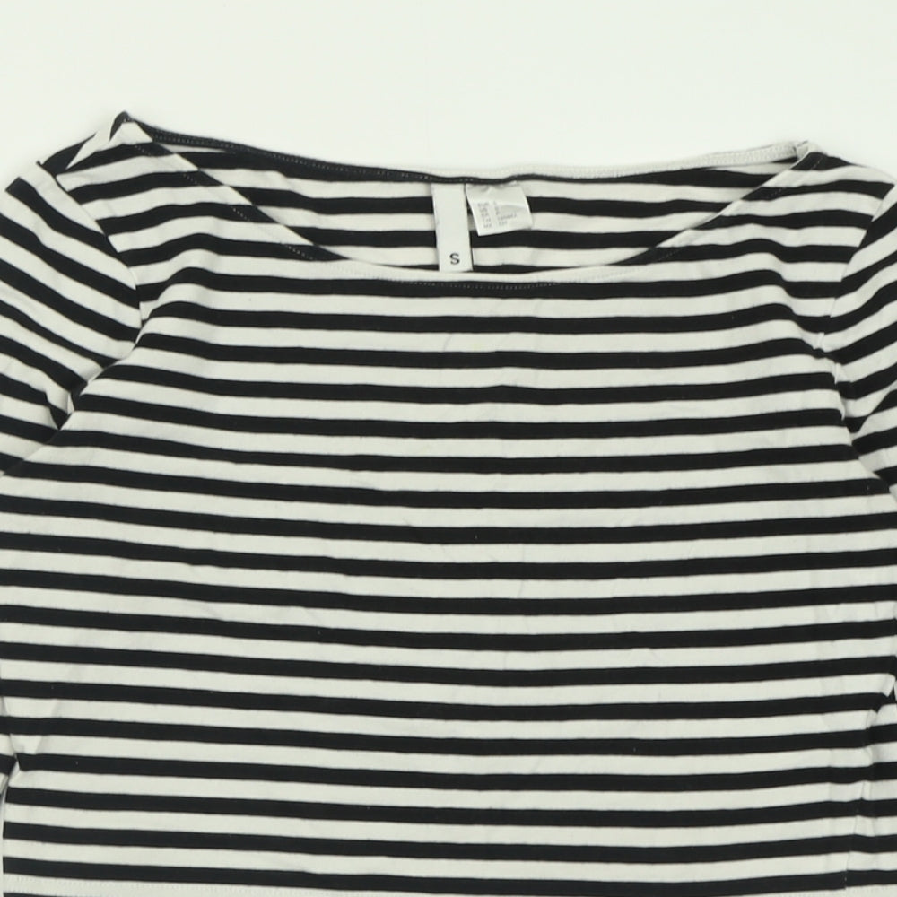 H&M Womens White Striped Cotton Cropped T-Shirt Size S Boat Neck