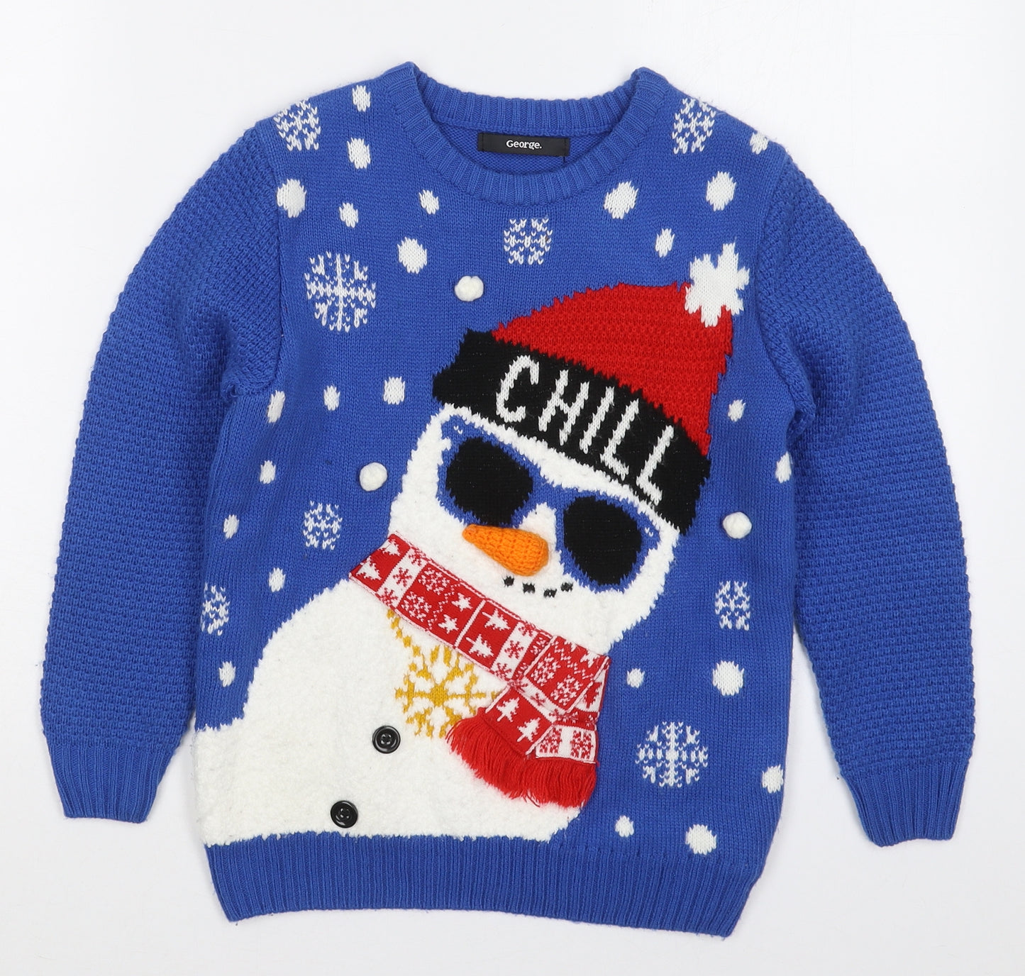 George Boys Blue Crew Neck  Acrylic Pullover Jumper Size 7-8 Years  Pullover - Snowman