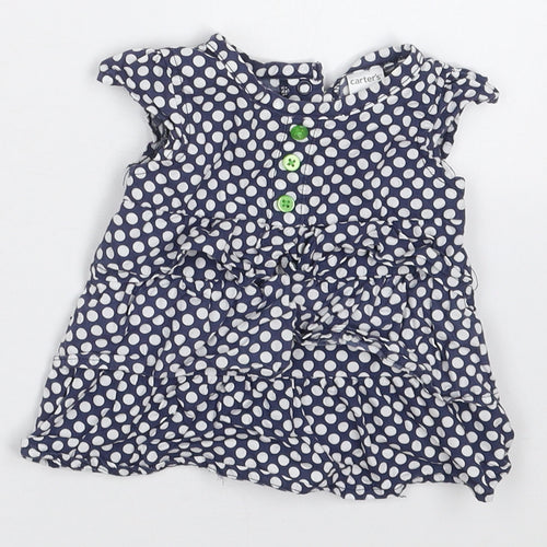 Carters Girls Blue Polka Dot Cotton Basic Blouse Size 0-3 Months Round Neck Button