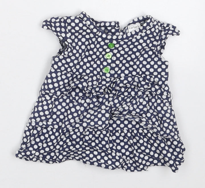 Carters Girls Blue Polka Dot Cotton Basic Blouse Size 0-3 Months Round Neck Button