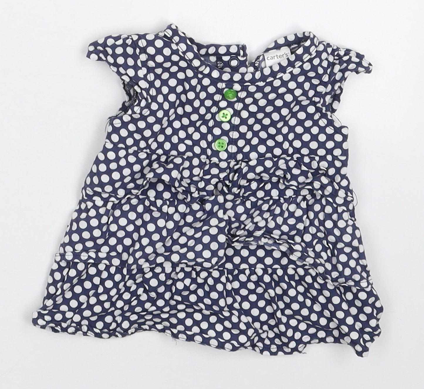 Carters Girls Blue Polka Dot Cotton Basic Blouse Size 0-3 Months Round Neck Button