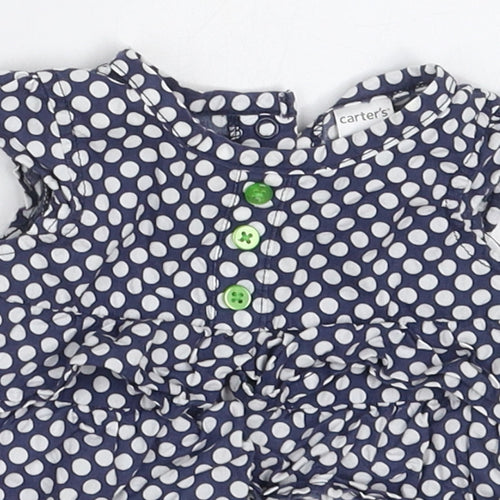 Carters Girls Blue Polka Dot Cotton Basic Blouse Size 0-3 Months Round Neck Button