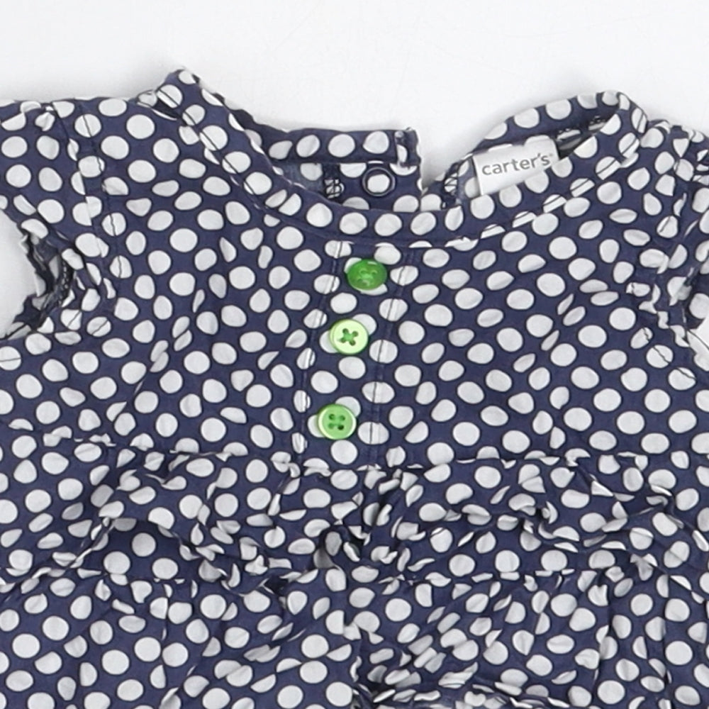 Carters Girls Blue Polka Dot Cotton Basic Blouse Size 0-3 Months Round Neck Button