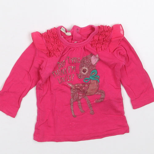 Benetton Girls Pink  Vinyl Basic T-Shirt Size 0-3 Months Crew Neck Pullover - Lovely Deer
