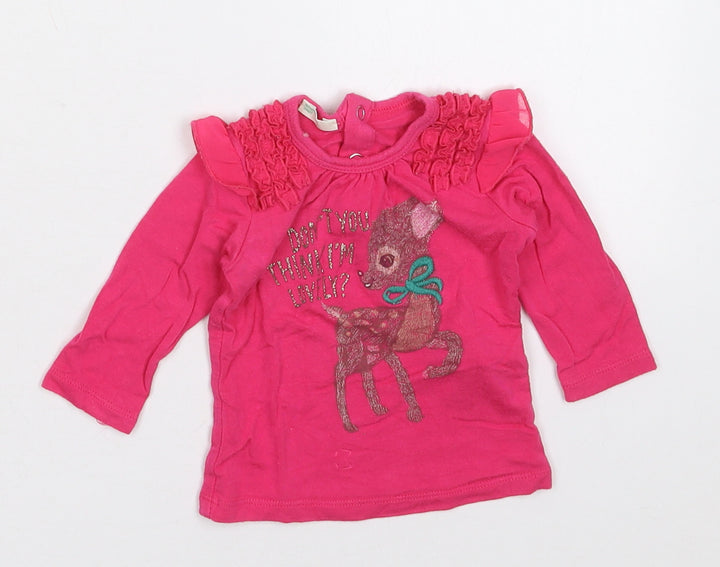 Benetton Girls Pink Vinyl Basic T-Shirt Size 0-3 Months Crew Neck Pullover - Lovely Deer