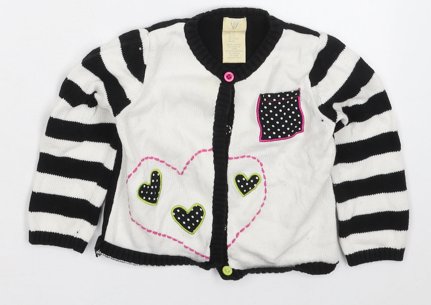 NBC Girls White Striped Cotton Cardigan Jumper Size 12-18 Months  Button - Black and White Hearts
