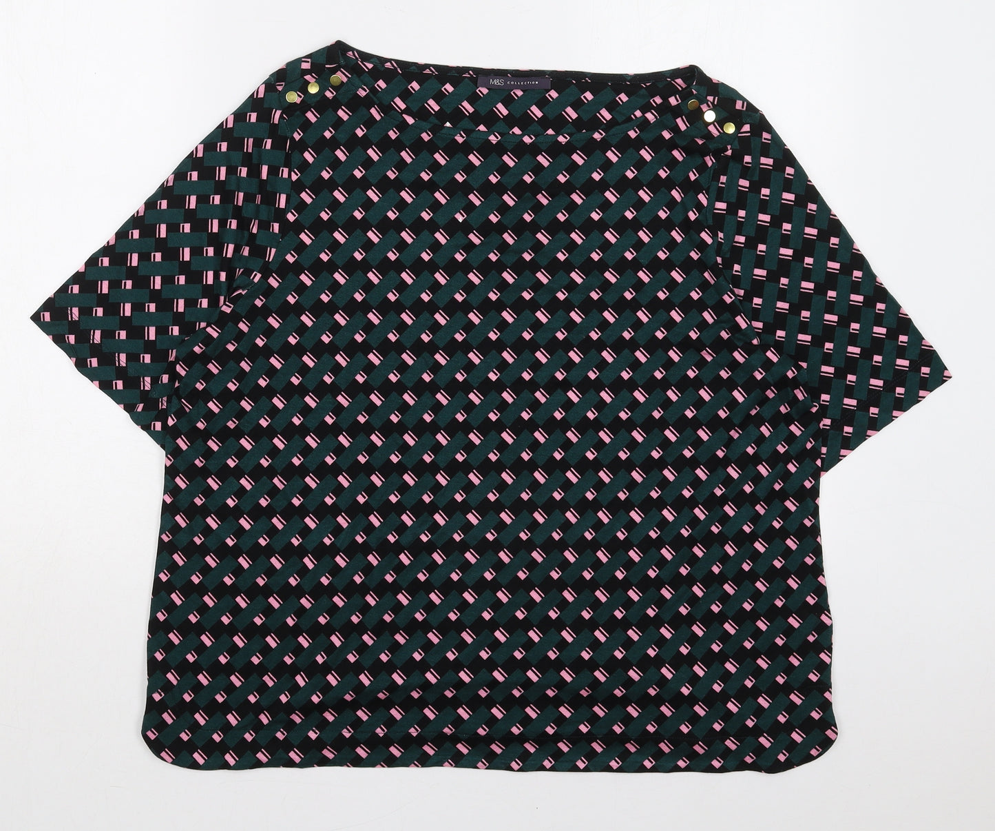 Marks and Spencer Womens Green Geometric Viscose Basic T-Shirt Size 18 Boat Neck - Pink