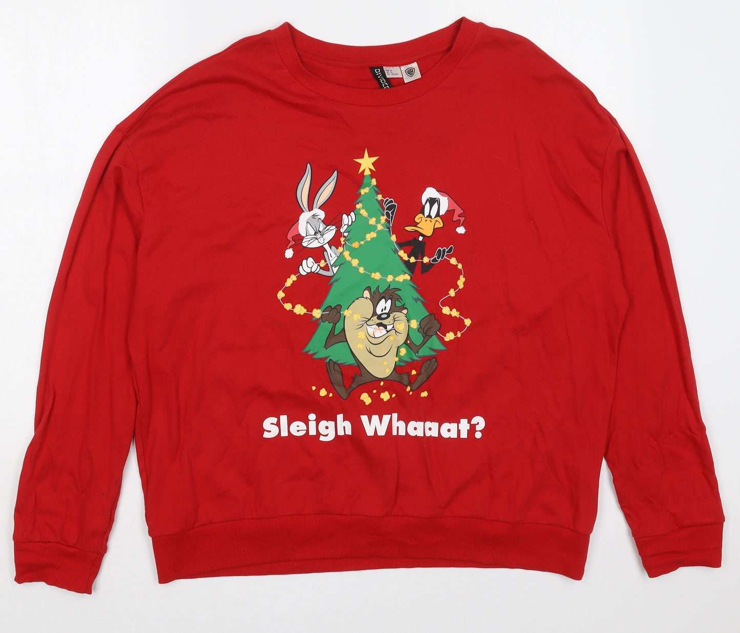 H&M Womens Red  Cotton Pullover Sweatshirt Size XL  Pullover - Sleigh Whaaat Looney Tunes Christmas