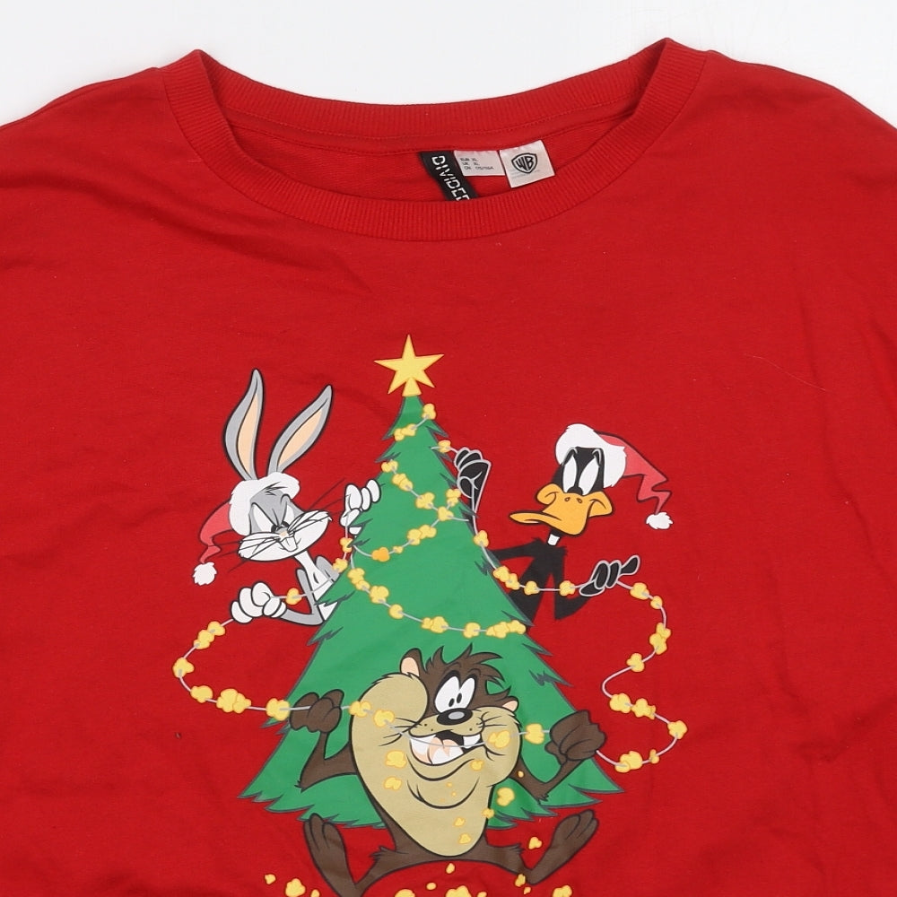 H&M Womens Red  Cotton Pullover Sweatshirt Size XL  Pullover - Sleigh Whaaat Looney Tunes Christmas