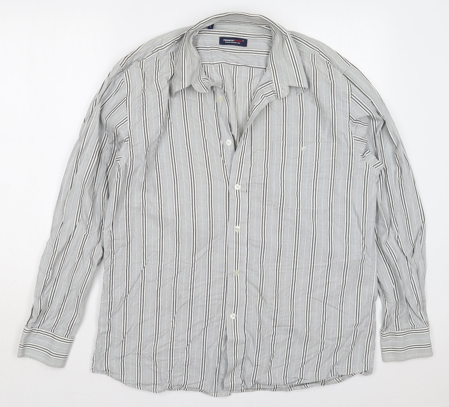 Piermont Mens Grey Striped Cotton  Button-Up Size L Collared Button