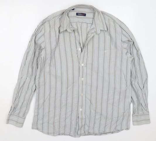 Front view of Piermont men’s grey striped cotton button-up, size L, collared button