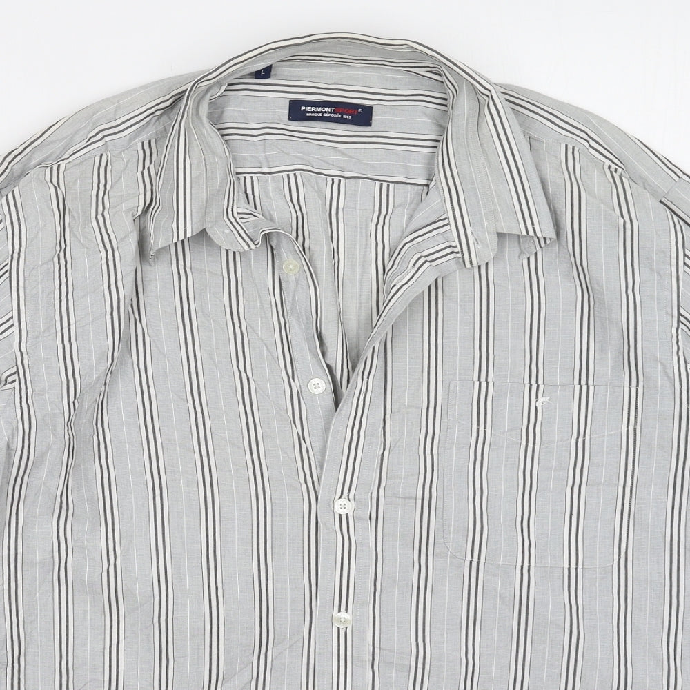 Piermont Mens Grey Striped Cotton  Button-Up Size L Collared Button