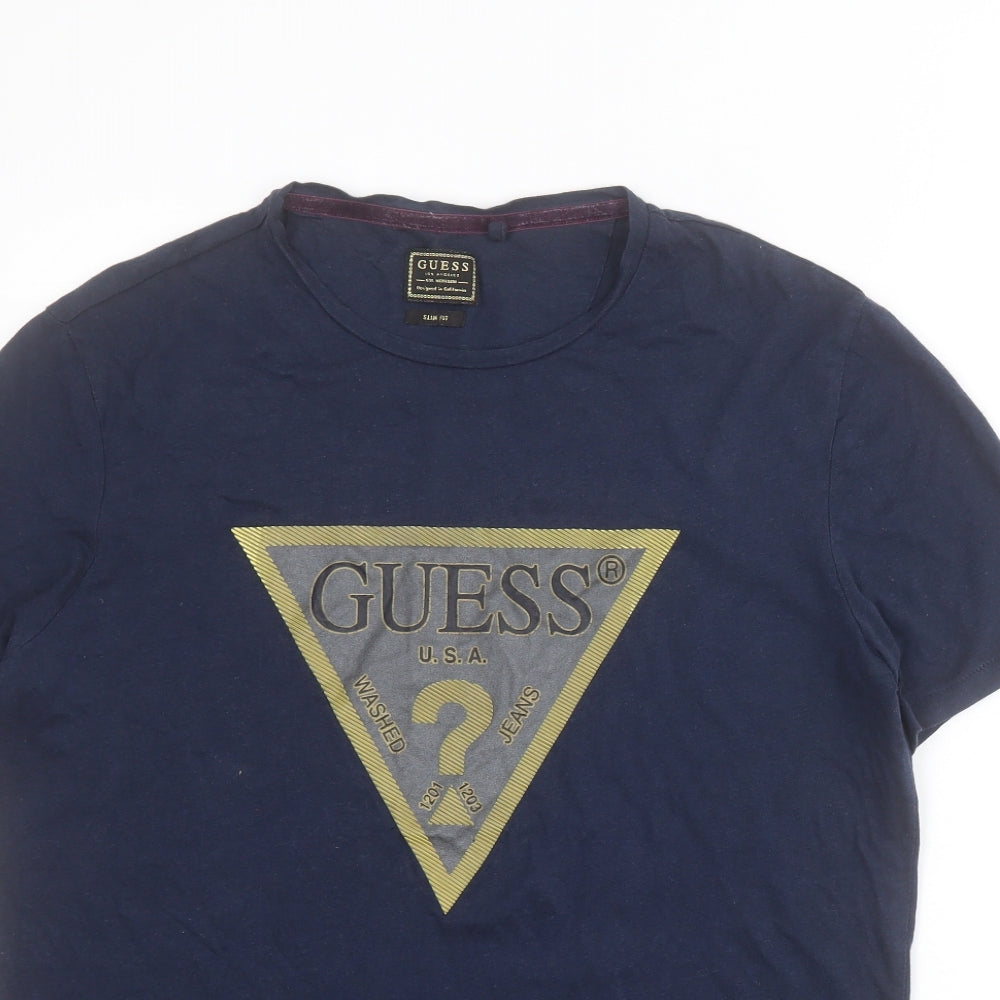 GUESS Mens Blue  Cotton  T-Shirt Size M Round Neck