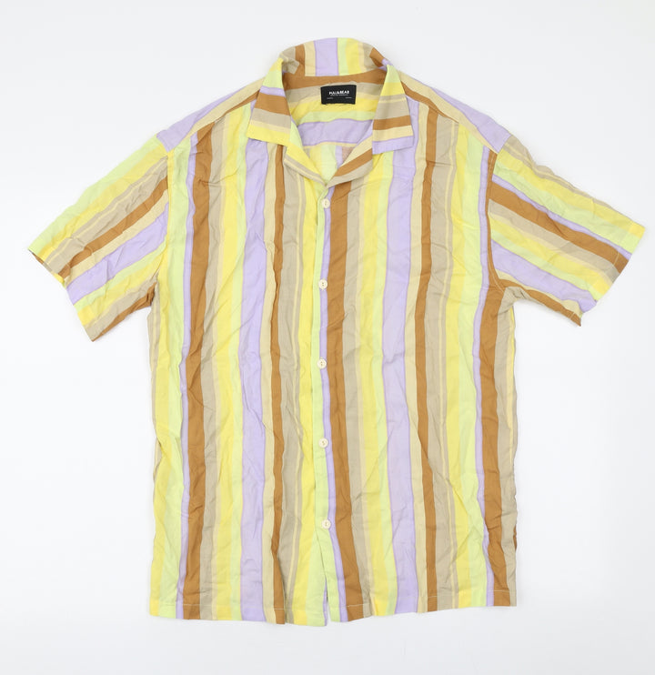 Pull & Bear Mens Multicoloured Striped Viscose Button-Up Size S Collared Button