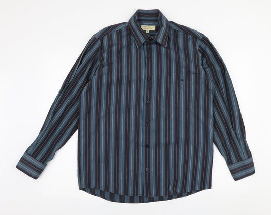Front view of Daniel Granme men’s multicoloured striped cotton button-up, size M, collared button