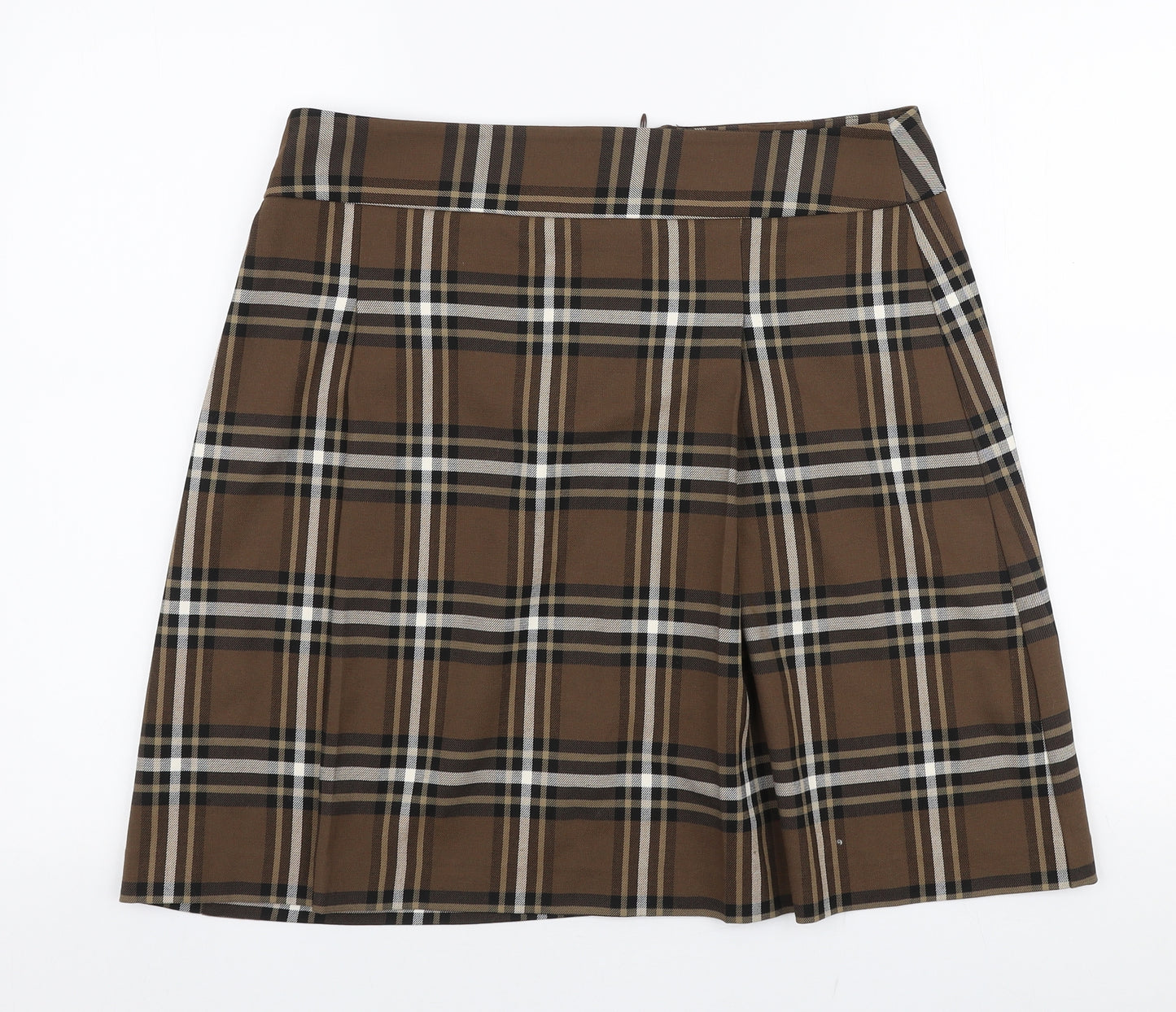 Marks and Spencer Womens Brown Plaid Polyester A-Line Skirt Size 14   Zip