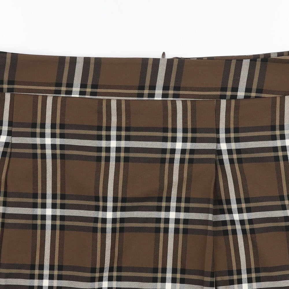 Marks and Spencer Womens Brown Plaid Polyester A-Line Skirt Size 14   Zip