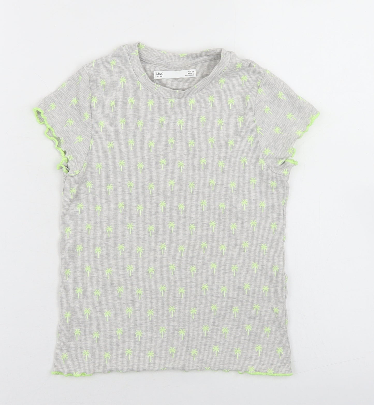 Marks and Spencer Girls Grey Geometric Cotton Basic T-Shirt Size 6-7 Years Crew Neck  - Palm Tree Print, Lettuce edging