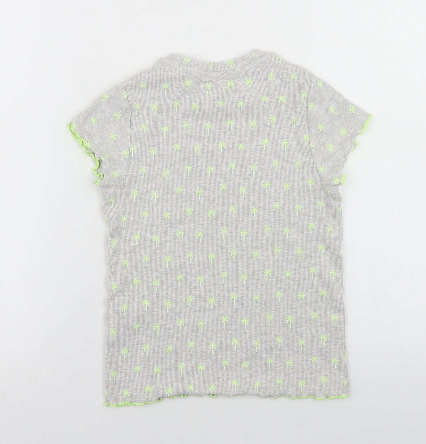 Marks and Spencer Girls Grey Geometric Cotton Basic T-Shirt Size 6-7 Years Crew Neck  - Palm Tree Print, Lettuce edging