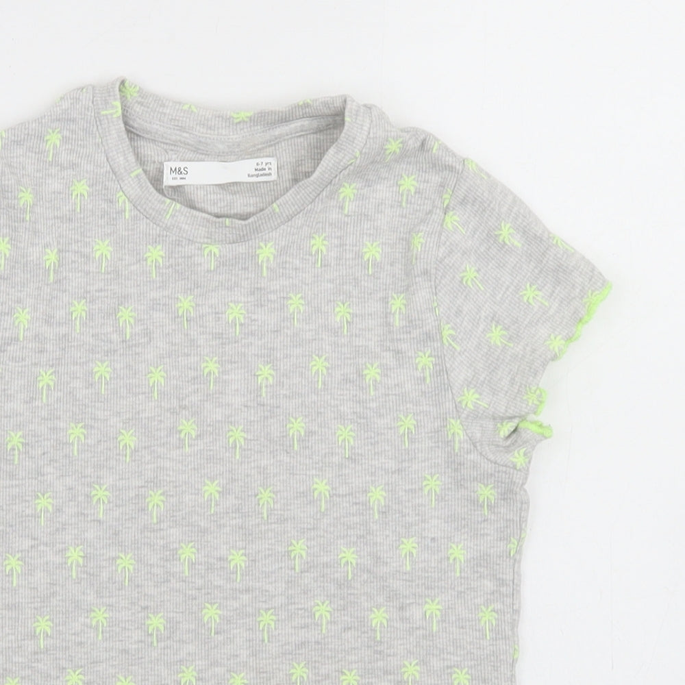 Marks and Spencer Girls Grey Geometric Cotton Basic T-Shirt Size 6-7 Years Crew Neck  - Palm Tree Print, Lettuce edging