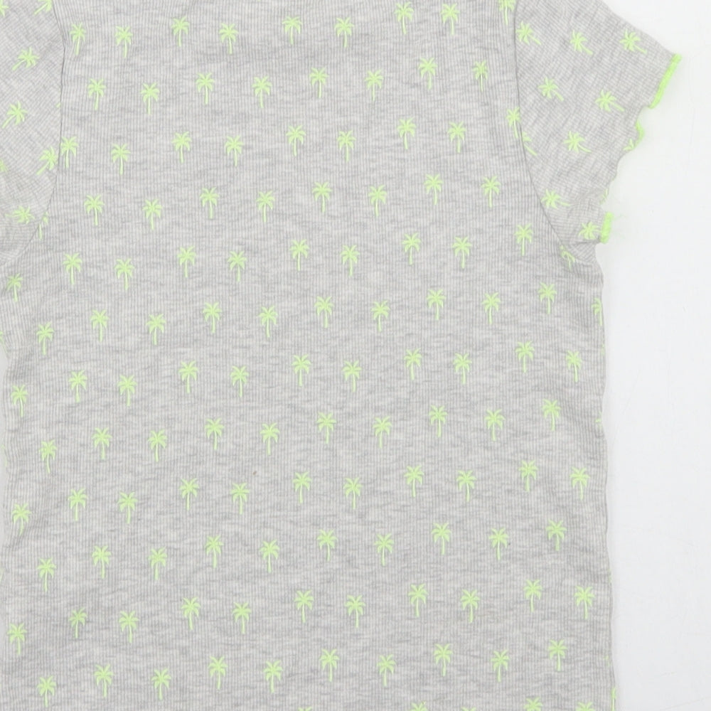 Marks and Spencer Girls Grey Geometric Cotton Basic T-Shirt Size 6-7 Years Crew Neck  - Palm Tree Print, Lettuce edging