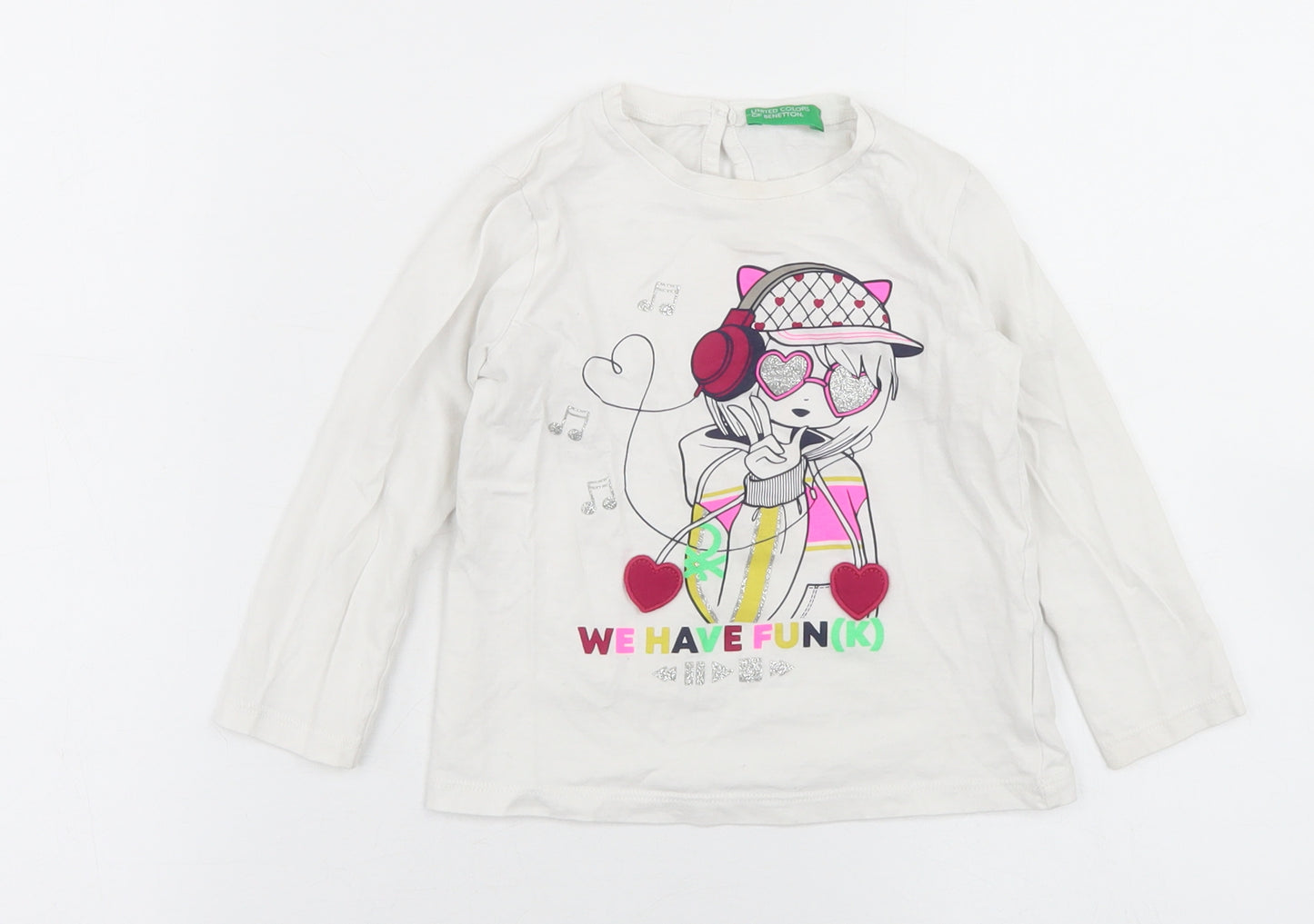 United Colors of Benetton Girls White  Cotton Basic T-Shirt Size 18-24 Months Crew Neck Button