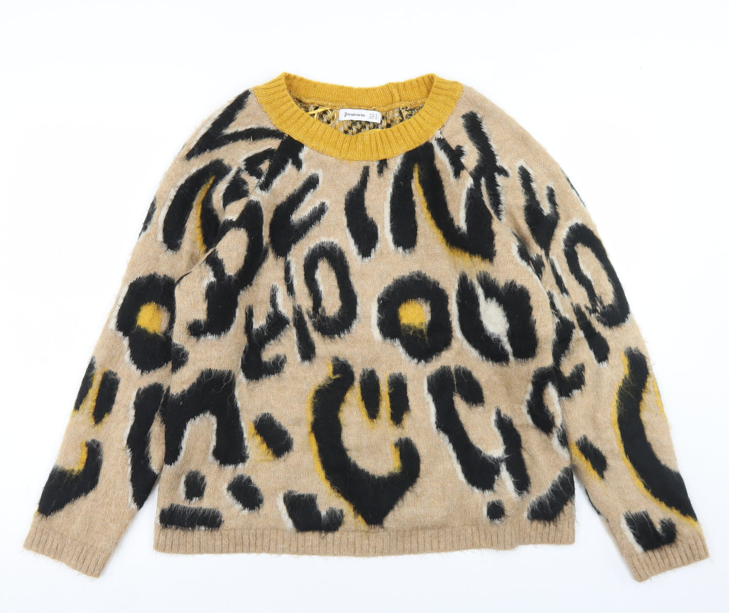 Stradivarius Womens Beige Crew Neck Animal Print Acrylic Pullover Jumper Size S
