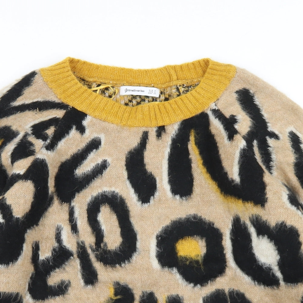 Stradivarius Womens Beige Crew Neck Animal Print Acrylic Pullover Jumper Size S