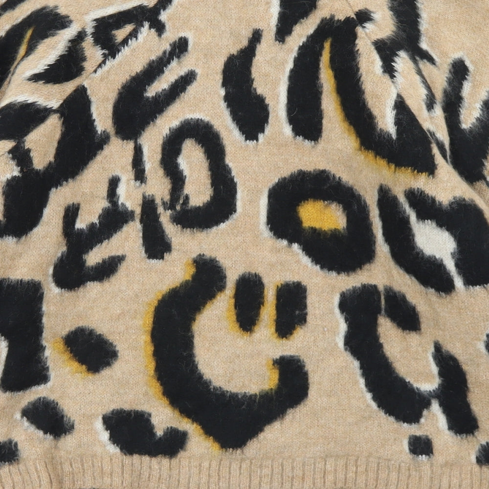 Stradivarius Womens Beige Crew Neck Animal Print Acrylic Pullover Jumper Size S