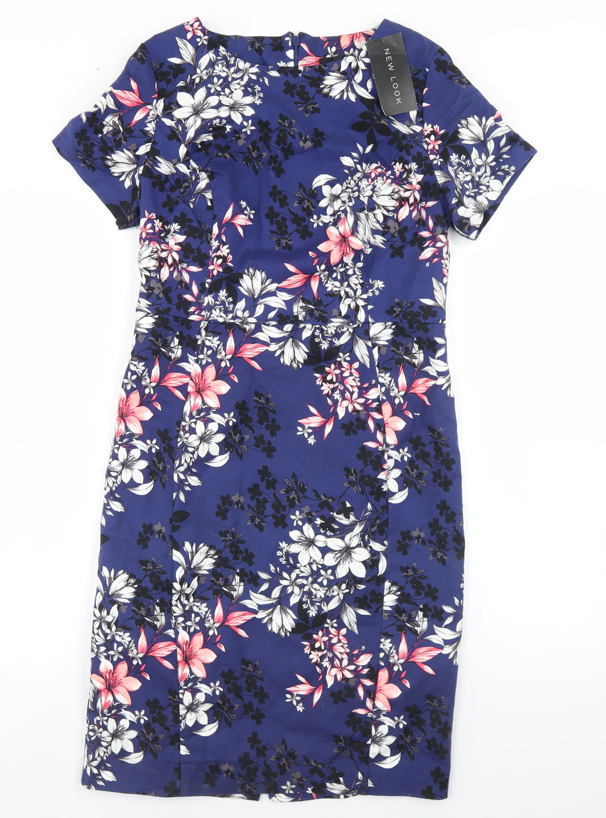 New Look Womens Blue Floral Cotton Pencil Dress  Size 12  Round Neck Zip