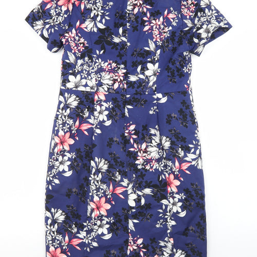 New Look Womens Blue Floral Cotton Pencil Dress  Size 12  Round Neck Zip